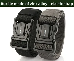 Zinc alloy buckle and elastic strap detail of men's tactical nylon belt in black and grey