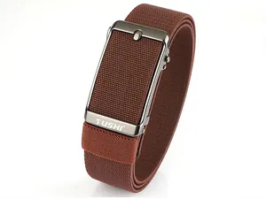 Detail of dark brown elastic woven belt with gunmetal automatic buckle and logo