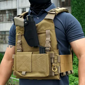 Detail of Coyote Brown tactical vest showing MOLLE webbing and quick-release PUSH buckle