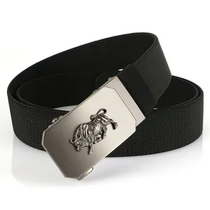 Macro detail of elastic woven belt featuring a 3D bull relief on the automatic buckle