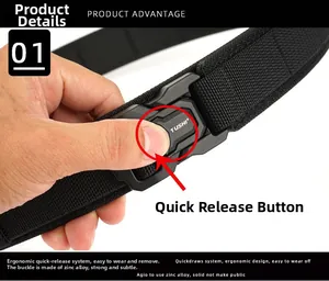 Detail shot of heavy-duty nylon tactical belt with zinc alloy quick release buckle mechanism