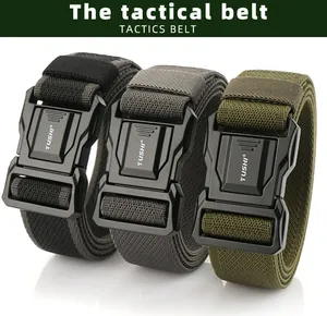 Three tactical nylon belts in black, grey, and green with quick-release alloy buckles