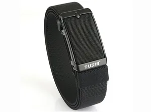 Detail view of high-density black elastic belt with textured weave and matte metal buckle