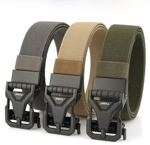 Close-up of tactical nylon elastic belts in grey, khaki, and army green colors