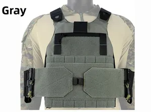 Detailed front view of tactical plate carrier vest in grey with MOLLE system for training