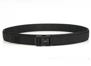 Close-up of heavy-duty nylon tactical belt with matte metal buckle and fine weaving texture