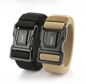 Close-up of tactical nylon belts in black and khaki with alloy quick-release buckles