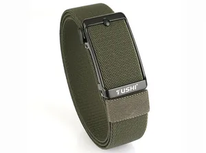 Close-up of olive green stretch belt with black automatic alloy buckle and TUSHI logo