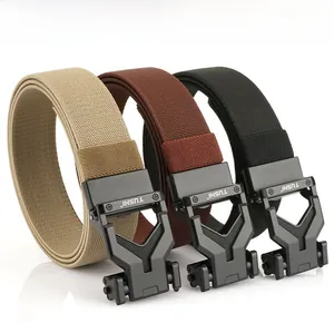 Three colors of men's elastic nylon belts with matte black metal buckles and woven texture