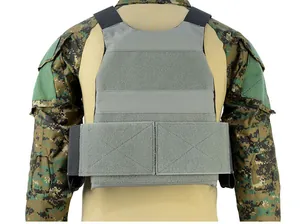 Rear view of tactical vest showing grey nylon fabric and MOLLE system on camouflage uniform