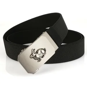 Detail of black woven elastic belt with a brushed metal buckle featuring a rabbit relief