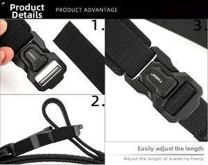 Detailed steps showing the tactical belt quick-release buckle and length adjustment