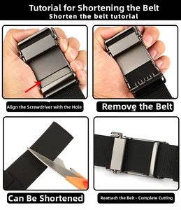 Guide showing how to trim the elastic woven belt length with the metal automatic buckle