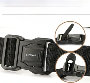 Close-up of quick-release alloy buckle and durable woven nylon tactical belt