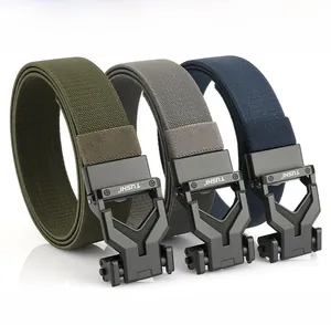 Zinc alloy automatic buckle detail on woven elastic belts in olive, gray, and navy