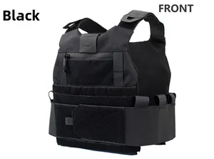 Front detail of black tactical vest featuring MOLLE system and velcro patch areas