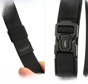 Detail of 3.8cm tactical nylon belt showing quick-release buckle and stitched end