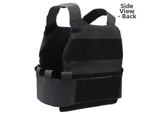 Detailed side and back view of black tactical vest featuring nylon MOLLE webbing straps
