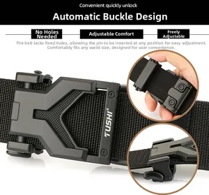 Detail of automatic alloy buckle and high-density woven nylon tactical belt mechanism