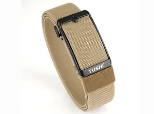 Close-up of khaki elastic canvas belt with a premium black metal automatic buckle