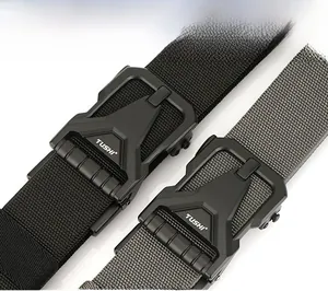 Detail of nylon tactical belts with matte black quick-release buckle and woven texture