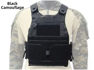 Front detail of black camouflage tactical vest featuring MOLLE system and velcro panels