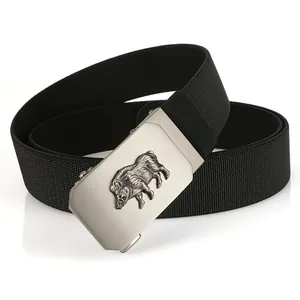 Detail of black tactical elastic belt with matte silver buckle featuring a wild boar relief