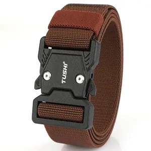 Men's tactical elastic belt with dark brown nylon webbing and black quick release buckle
