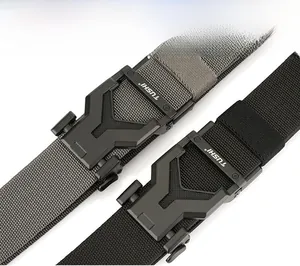 Close-up of premium woven tactical belts with high-grade alloy buckles in black and grey