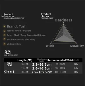 Size chart for tactical 3.8cm nylon belt showing length, weight and waist measurements