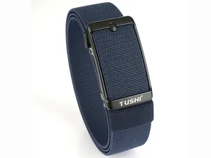 Detail of navy blue stretch woven belt with premium black metal automatic buckle