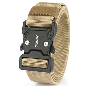 Men's khaki tactical stretch belt with quick-release buckle and nylon webbing