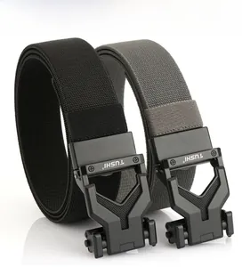 Detail of 3.5cm wide black and grey elastic woven tactical belts with alloy buckles
