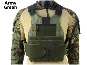 Detail of army green tactical vest featuring MOLLE system and durable nylon material