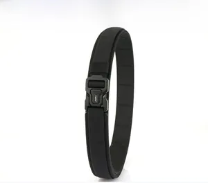 Detail of heavy duty nylon tactical belt with quick release buckle in black color