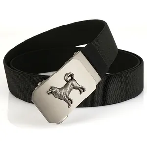 Elastic braided belt with silver metal automatic buckle featuring dog relief detail
