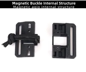 Internal structure macro of black plastic magnetic buckle with nylon cord and engraving