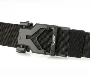 Close-up of zinc alloy quick-release buckle and black woven texture on men's tactical belt