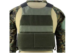 Olive green tactical vest back view featuring large hook and loop panel and sturdy straps