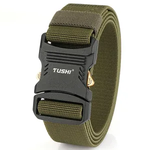 Olive green tactical nylon belt featuring a black quick-release alloy buckle for outdoor use