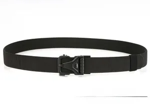 Detail of black tactical nylon belt featuring quick release metal automatic buckle