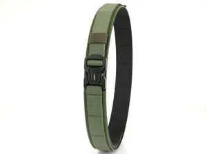 Close-up of military green nylon tactical belt with black metal quick-release buckle