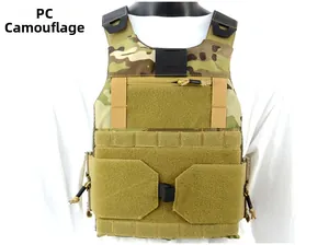Detailed view of multicam tactical vest with MOLLE system and quick-release waist straps