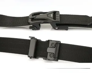 Detail of tactical nylon belt with heavy-duty metal quick-release buckle and brand logo