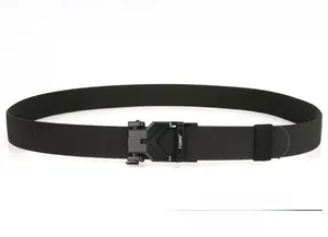 Detail of black tactical nylon belt featuring a matte metal quick-release automatic buckle