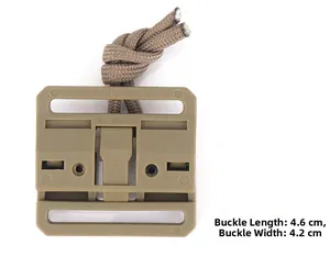 Detail of tactical quick release buckle with tan plastic body and brown paracord pull loop