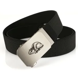 Detail of black elastic woven belt featuring a vintage silver rat relief buckle