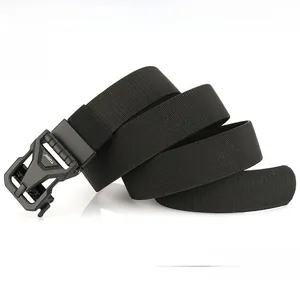Detail of black tactical nylon elastic belt with heavy-duty metal quick-release buckle
