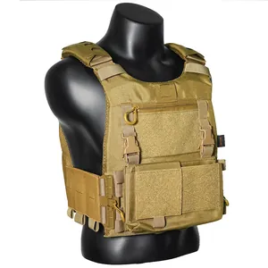 Tactical vest in coyote brown with MOLLE system and quick release buckles on mannequin