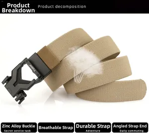Detail of khaki braided nylon belt with zinc alloy quick release buckle and diagonal tail